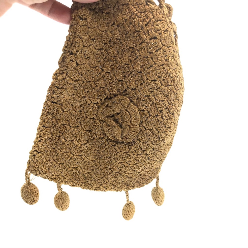 Victorian Brown Crochet Drawstring Reticule Bag - Picture 9 of 12